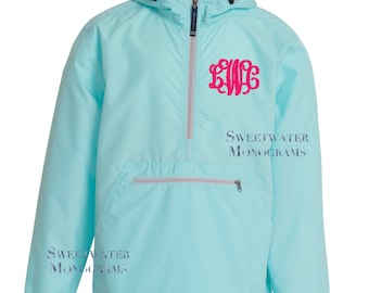 Monogram Windbreaker Jacket - Personalized Waterproof Rain Jacket, Monogrammed Windbreaker, Womens Spring Jacket, Coral Mint Carolina Blue