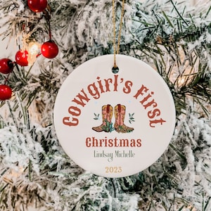 Personalized Cowgirls First Christmas Ornament, Country Western Holiday Decor, Cowgirl Gift, Rustic Christmas Decoration