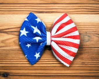 Mini Red White Blue Nylon Hair Bow Clip, Patriotic 4th of July USA Bow, American Flag Accessory approx 3.5 inches