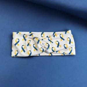 Down Syndrome Awareness Ribbon Headband, Soft Stretchy Blue Yellow, Support Accessor