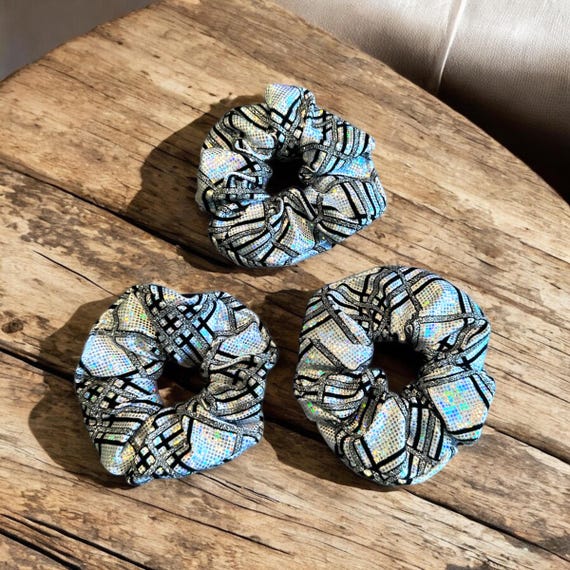 Fashion Black and Silver Patterned Scrunchie Silver and Black Brocade Scrunchie Metallic Silver Brocade  main image 3