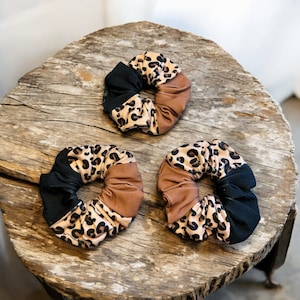 Leopard Print Hair Scrunchie Tan Black, Animal Print Scrunchie, Elastic Hair Tie, Ponytail Holder, Hair Accessories