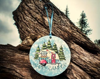 Adorno navideño personalizado Happy Camper, decoración para árbol de Navidad hecha a mano, regalo para amantes del camping
