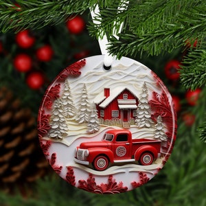 Christmas Red Truck Ornament, Farmhouse Holiday Decoration, Tree Decor, Rustic Gift Idea