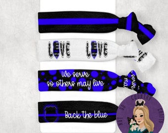 Elastic Police Hair Ties Set of 4, Bulk Orders Welcome, Thin Blue Line Ponytail Holder, Law Enforcement Support