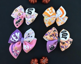 Halloween Girl Bows Set, Orange Black Hair Bows, Fall Hair Accessories, Trick or Treat Hair Clips, Spooky Hair Bow