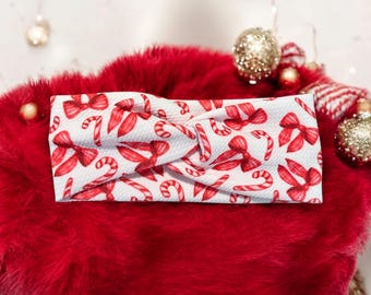 Handmade Candy Cane and Bows Twist Headband, Bullet Fabric Headband, Sweet Hair Accessory