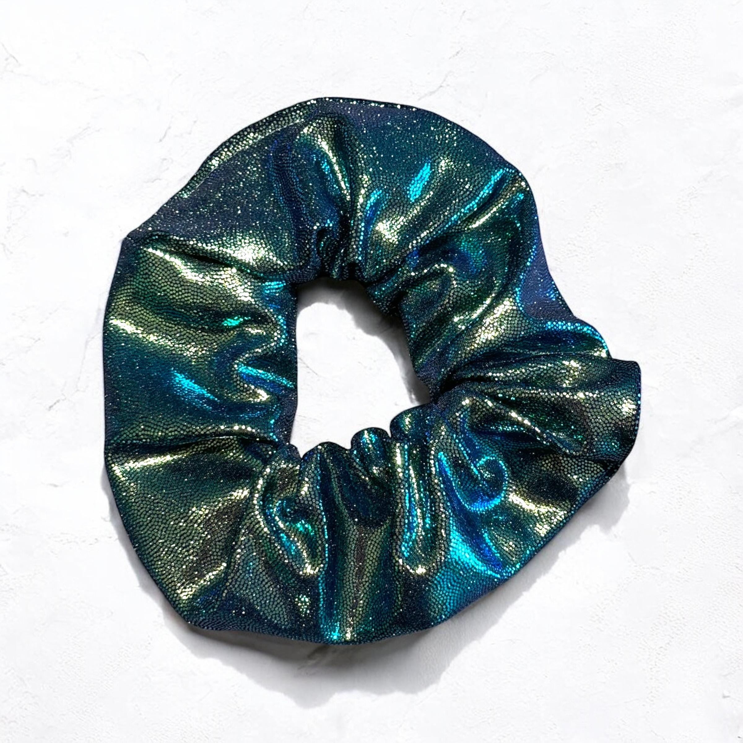 Blue Green Metallic Hair Scrunchie, Handmade Scrunchie, Holographic Fabric, Stylish Hair Accessory, Unique Gift