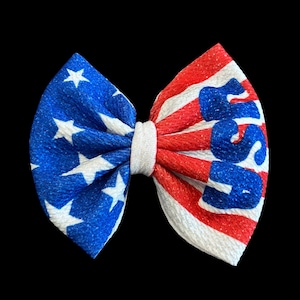 Red White Blue Nylon Hair Bow Clip, Patriotic 4th of July USA Bow, American Flag Accessory