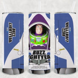 May include: A white, blue and purple tumbler featuring a graphic of Buzz Lightyear from the Toy Story film franchise. The tumbler has the text "Buzz Lightyear" on the side.