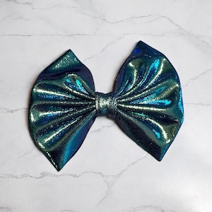 Blue Green Metallic Hair Bow, Handmade Hair Accessory, Holographic Bow, Shimmer Hair Clip, Girls Hair Bow