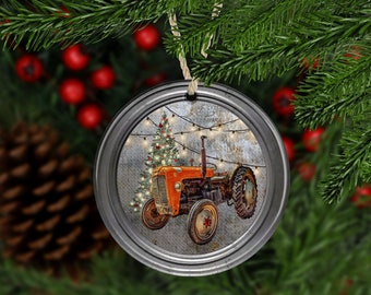 rustic orange tractor ornament; personalized orange tractor ornament; gift for farmer