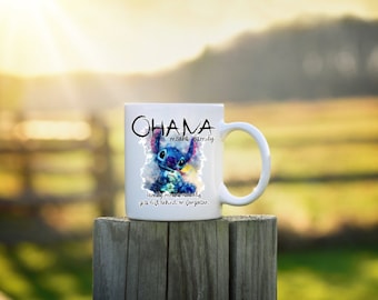 Ohana means family and no one gets forgotten, stitch coffee cup mug, 15 oz, disney inspired