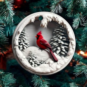 Personalisierte Kardinal Weihnachtsverzierung, Winterszene Dekoration, Weihnachtsgeschenk, Weihnachtsbaumdekor, rote Vogelverzierung