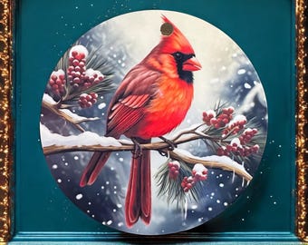 Adorno navideño personalizado con forma de cardenal, pájaro rojo en una rama, decoración para árbol de Navidad, nombre personalizado