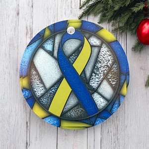 Blue Yellow Down Syndrome Awareness Ornament, Ribbon Tree Decor, Chromosome Gift, Inclusion Holiday Decoration