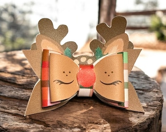 Christmas Plaid Reindeer Bow Clip, Faux Leather Hair Bow, Holiday Hair Accessory, Festive Hair Clip