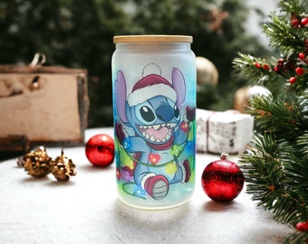 Stitch Christmas Glass Libbey Cup, Holiday Drinkware, Festive Tumbler, Disney Lovers Gift, 16 oz