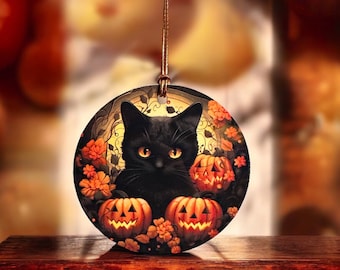 Black Cat Ornament Pumpkins Christmas Decor, Halloween Tree Decoration, Cat Lover Gift, Holiday Ornament