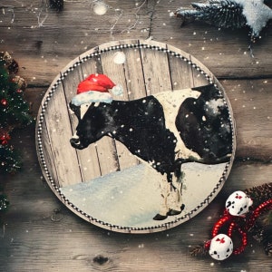 Cow Christmas Ornament Black White Santa Hat, Farmhouse Holiday Decor, Cow Lover Gift, Farm Animal Tree Decoration