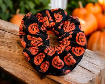 Jack o Lantern Scrunchies, Pumpkin Print Hair Ties, Halloween Hair Accessories, Fall Scrunchie Set, Orange Hair Elastic