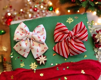 Striped Candy Cane Hair Bows, Sweet Christmas Hair Clips, Red and White Hair Accessories, Festive Hair Bow Set, Holiday Hair Adornment