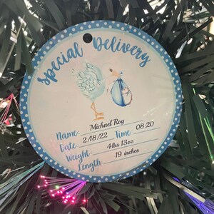 Baby boy delivery ornament; baby statisitics ornament; its a boy