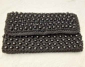 1970s Evening Clutch Bag / Purse, Black Crochet and Bead Decoration