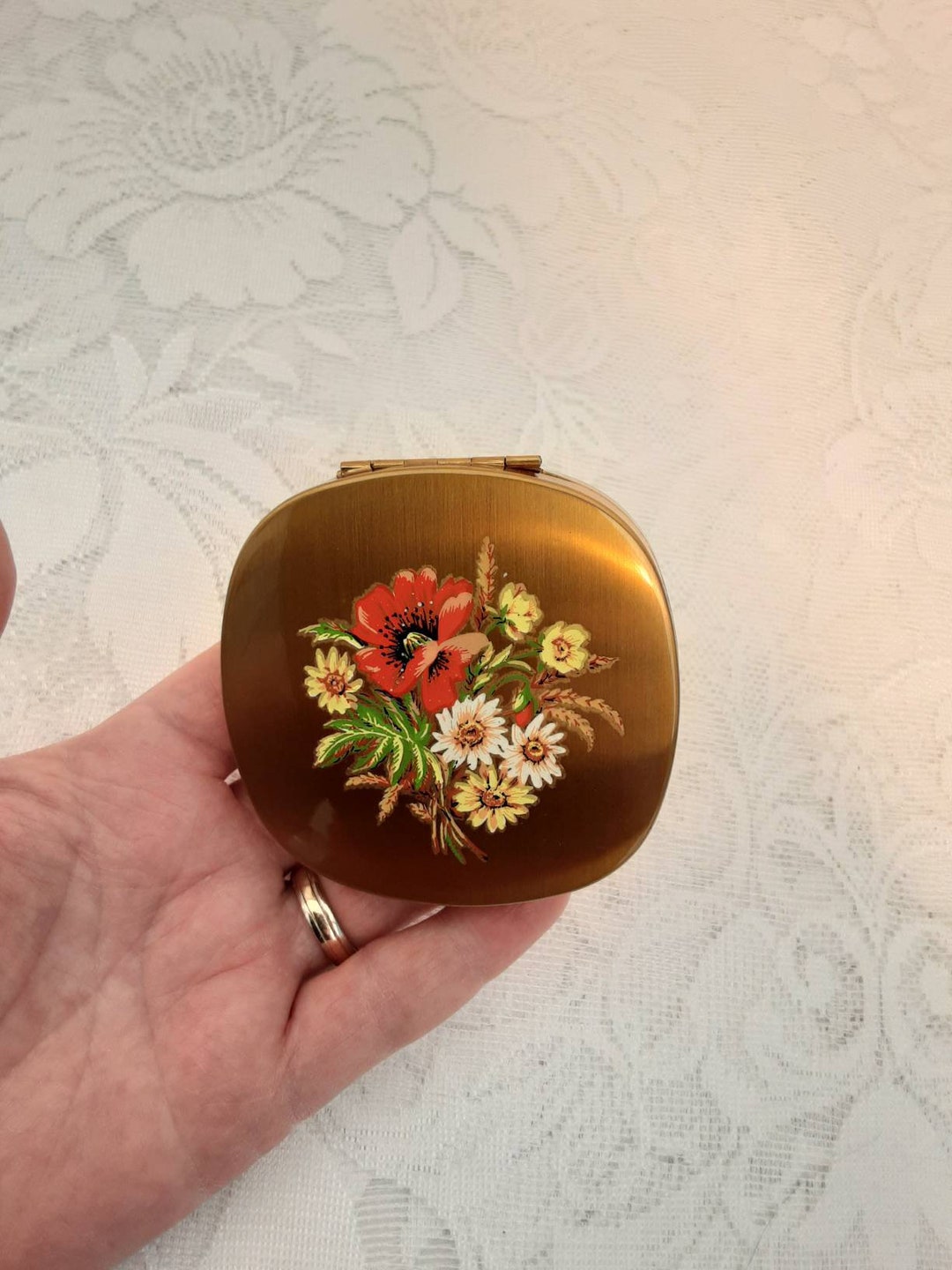 1950s Powder Compact With Floral Illustration, Original Vintage, Mid ...