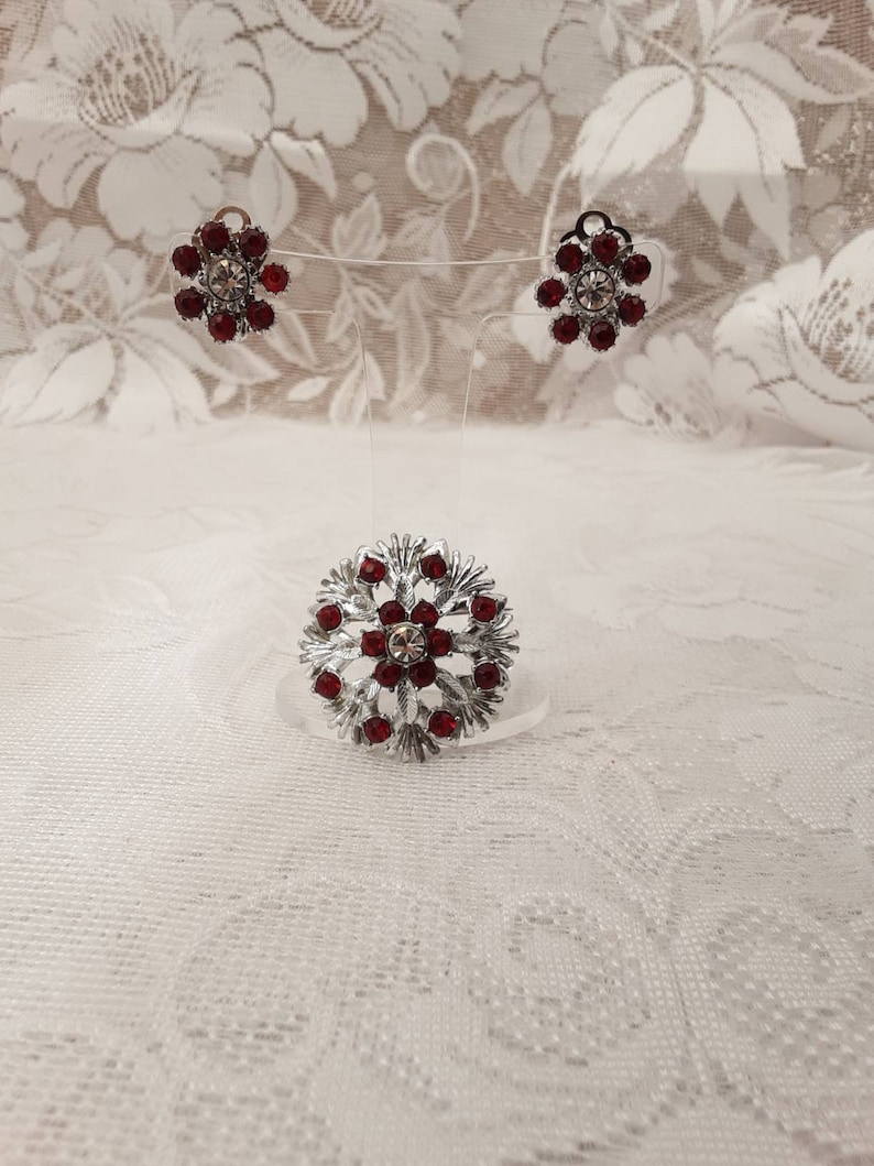 Original Vintage Brooch and Earrings Set 1950s Deep Ruby Red and Sparkling White Rhinestones on Silver Tone Metal Mid Century 50s