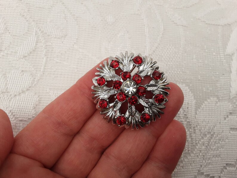 Original Vintage Brooch and Earrings Set 1950s Deep Ruby Red and Sparkling White Rhinestones on Silver Tone Metal Mid Century 50s