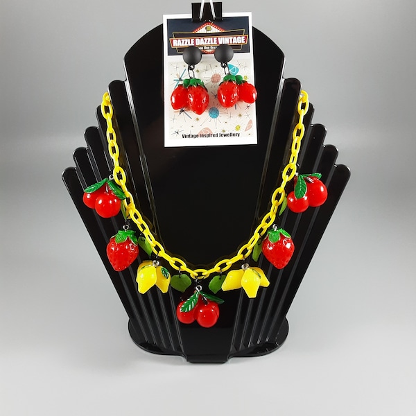 Retro Necklace and Earrings Set, Fruit Salad, 1940s / 1950s style, 40s style, 50s style, Red and Yellow Fruit