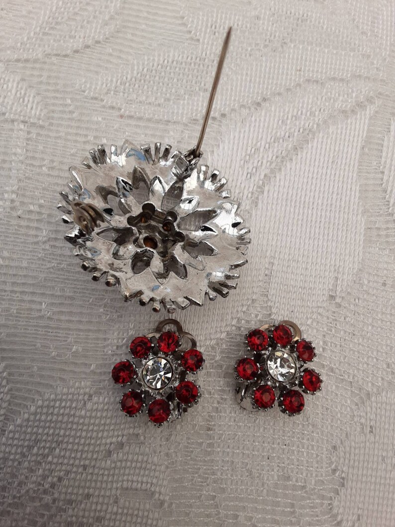 Original Vintage Brooch and Earrings Set 1950s Deep Ruby Red and Sparkling White Rhinestones on Silver Tone Metal Mid Century 50s
