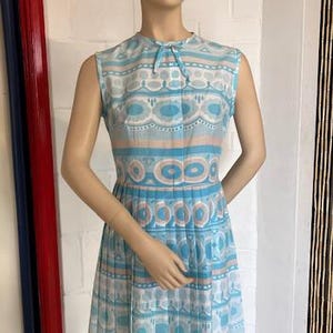 Original Vintage 1960s Blue, White and Peach Dress, Mod