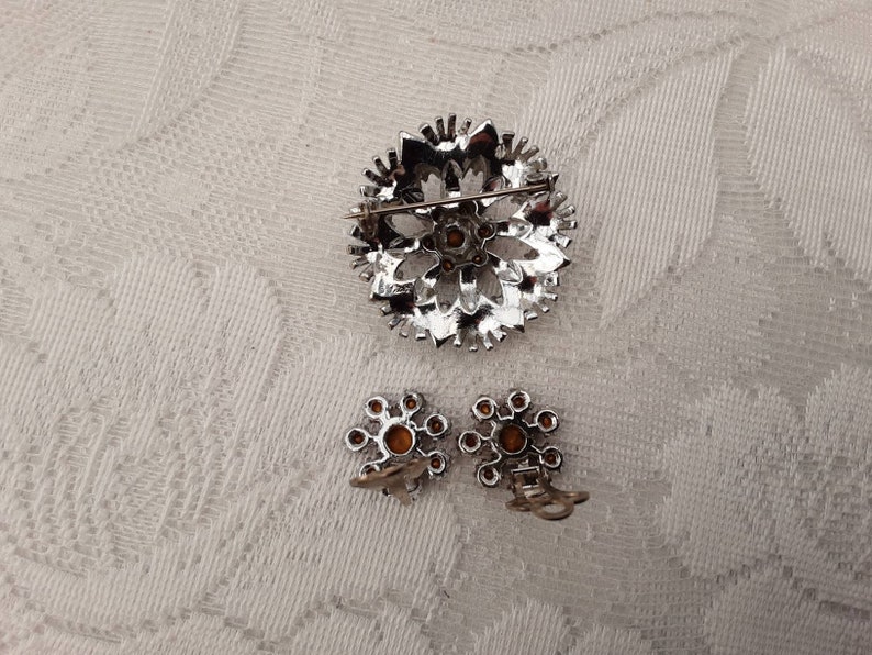 Original Vintage Brooch and Earrings Set 1950s Deep Ruby Red and Sparkling White Rhinestones on Silver Tone Metal Mid Century 50s