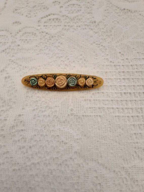 1930s 30s 30's Carved Celluloid Rosebud Bar Brooch