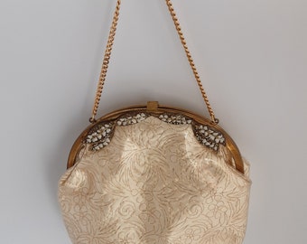 Vinyl Purse, Cream and Gold with Chain Handle, 1950s, Original Vintage