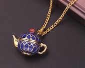 Purple and Gold Teapot Necklace - Cute, Locket Style - Gold Chain
