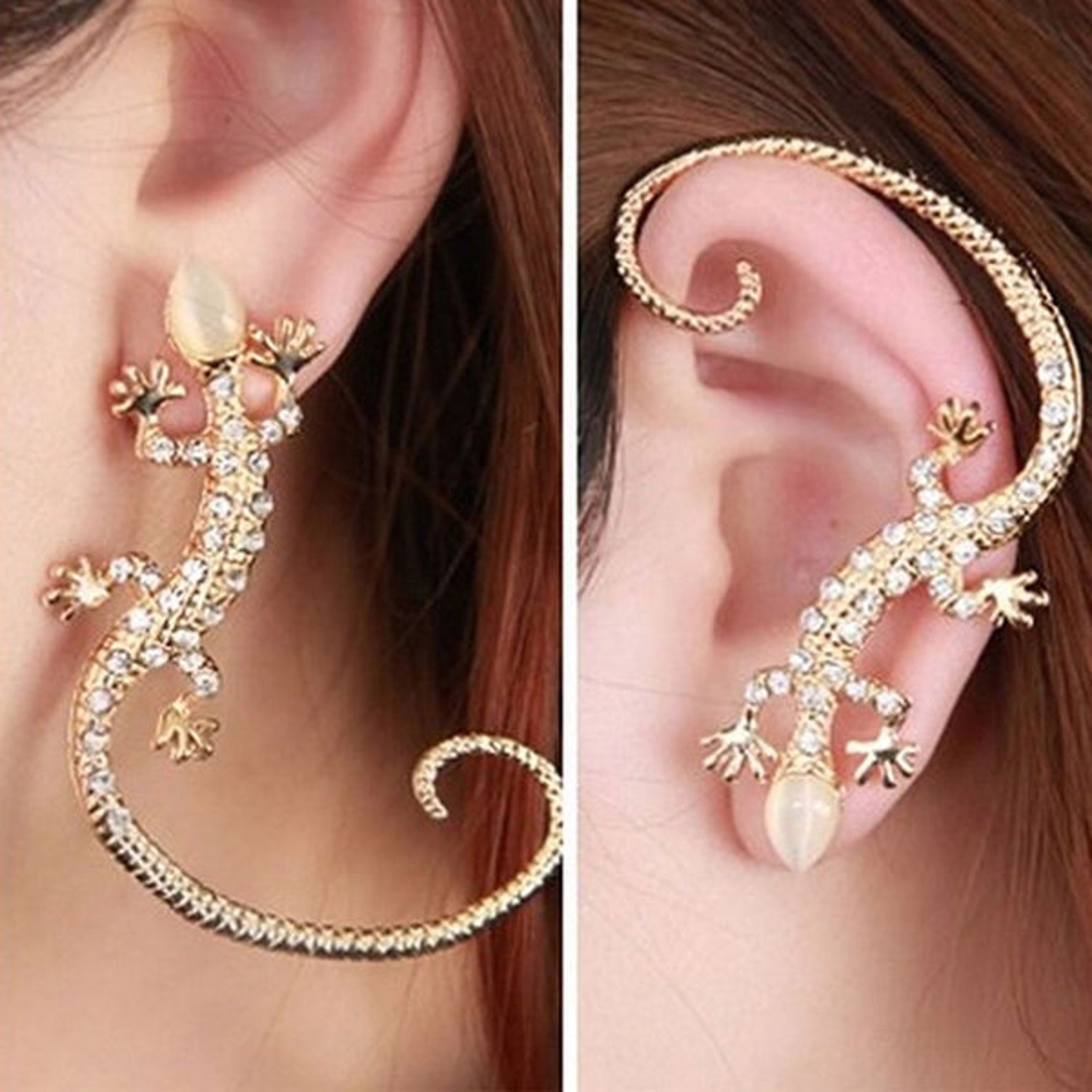 Lizard Gecko Earring Over Ear Hook Cuff With Crystal Etsy