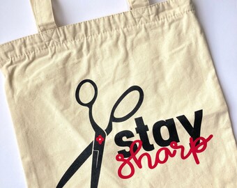 Canvas Stay Sharp Tote Bag, Funny Yarn Tote, Yarn Bag, Canvas Tote Bag, Yarn Storage, Reusable Tote Bag, Riley Blake Designs