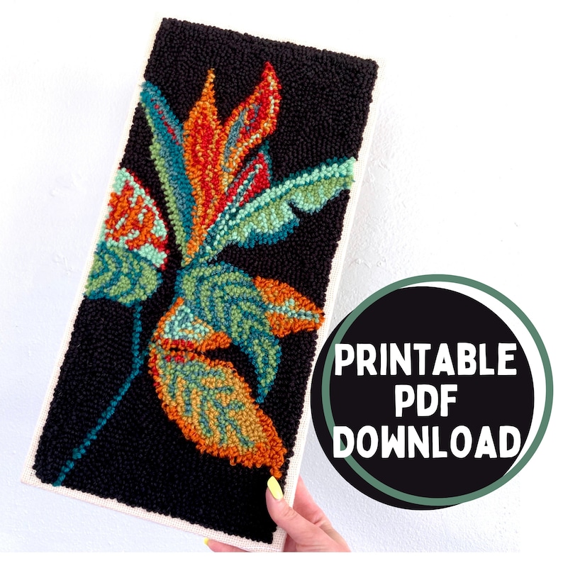 Punch Needle Tropical Leaf Pattern, Punch Needle Rug Hooking Pattern, PDF Punch Needle Pattern for Download image 1