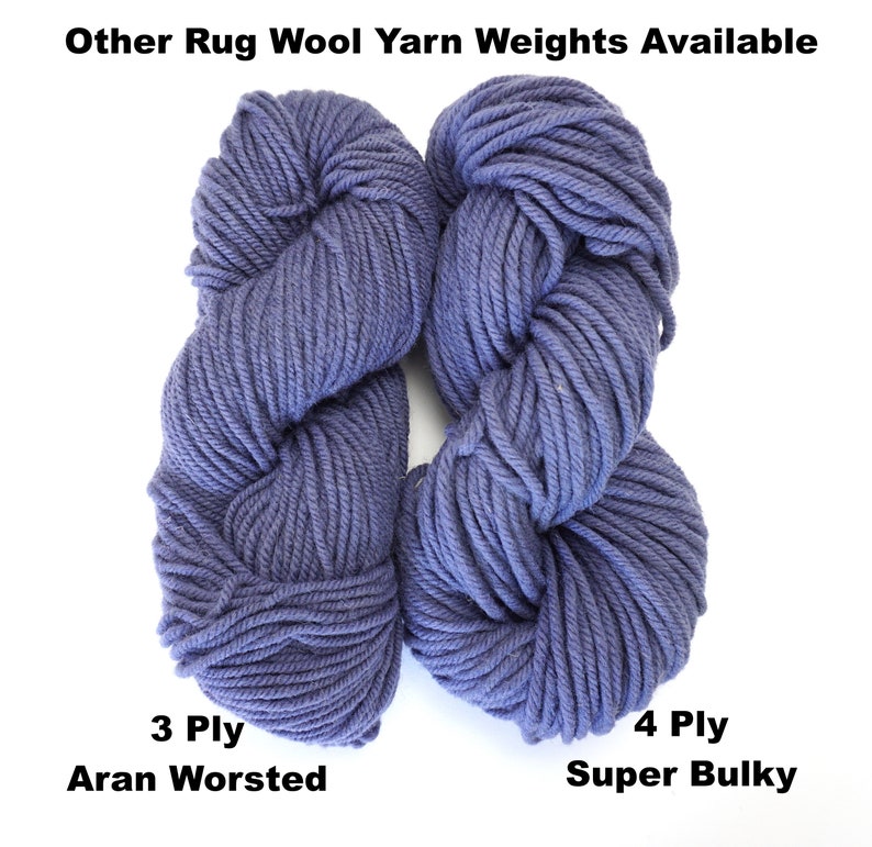 May include: Two skeins of blue wool yarn, one labeled "3 Ply Aran Worsted" and the other labeled "4 Ply Super Bulky".