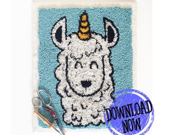 Punch Needle Pattern, Llama Rug Hook Pattern, Llamacorn Punch Pattern, Rug Hooking Pattern, Needle Patterns, Punch Needle Unicorn Pattern