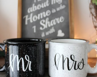 Mr & Mrs Campfire Mug Set // Wedding Gift // Campfire Mug //  12 Oz. Speckled Campfire Stoneware Mugs