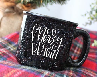 Merry & Bright Campfire Mug | Speckled Campfire Mug Gift | Campfire Mug | Christmas Gift Idea | 12 Oz. Speckled Campfire Stoneware Mugs