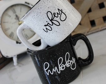 Hubby & Wifey Campfire Mug Set // Wedding Gift // Campfire Mug // Gift // Newlyweds //  12 Oz. Speckled Campfire Stoneware Mugs
