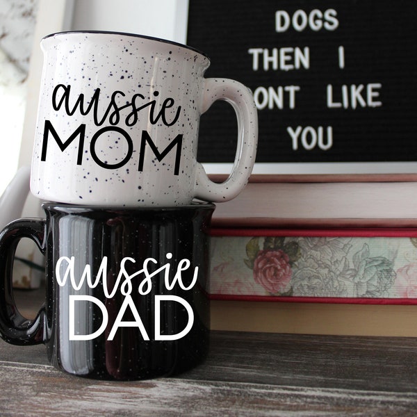 Aussie Mom & Dad Campfire Mug Set | Campfire Mug | Dog Mom | Dog Dad | Aussie| Australian Shepherd | 12 Oz. Speckled Campfire Stoneware Mugs