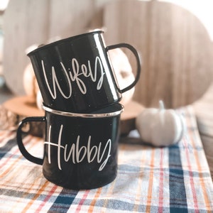 Hubby Wifey Metal Campfire Mug Set // Wedding Gift // Campfire Mug // Gift // Newlyweds //  12 Oz. Speckled Metal Campfire Mugs