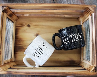 HUBBY & WIFEY Campfire Mug Set // Wedding Gift // Campfire Mug // Gift // Newlyweds //  12 Oz. Speckled Campfire Stoneware Mugs