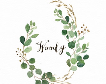 Watercolor oval leaf wreath clip art-Woody/Small Set/Individual PNG files/Hand Painted/Wedding design